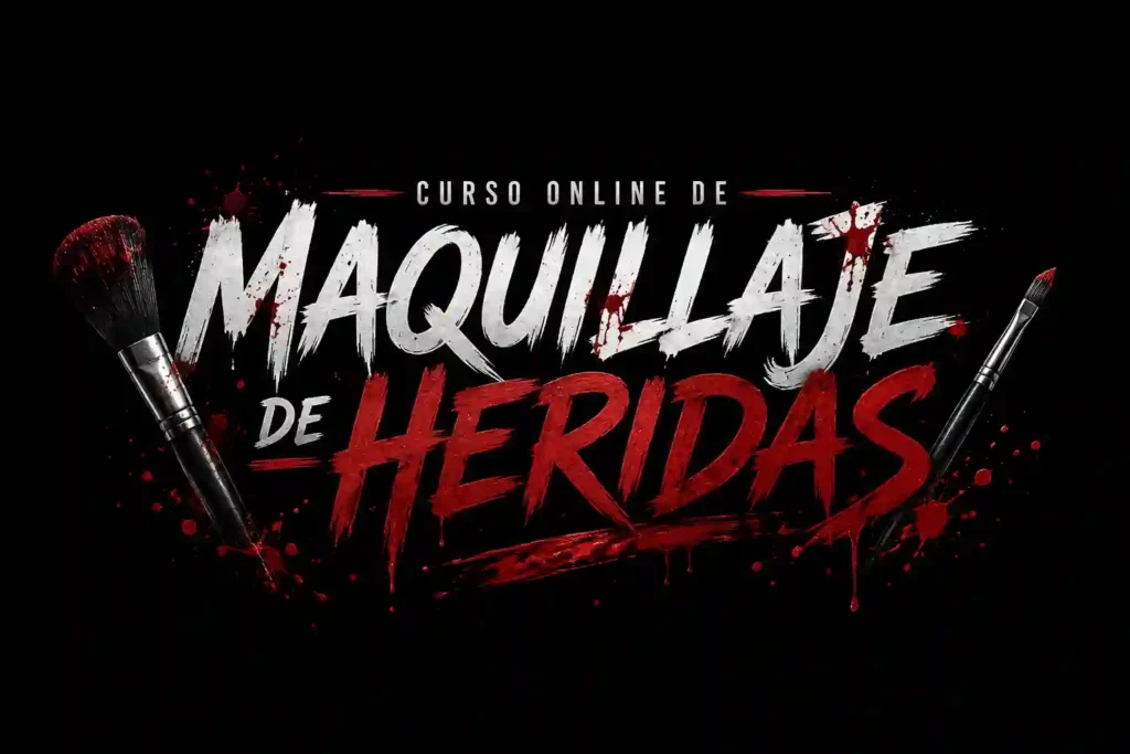 Logo del curso online de maquillaje de heridas realistas, con brochas y salpicaduras de sangre falsa estilo cine de terror
